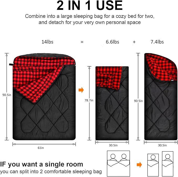 AGEMORE 0 Degree Double Sleeping Bag for Adults, Cotton Flannel Lined 2 Person Queen Size Warm Sleeping Bag for Family Winter Camping or RV Traveling