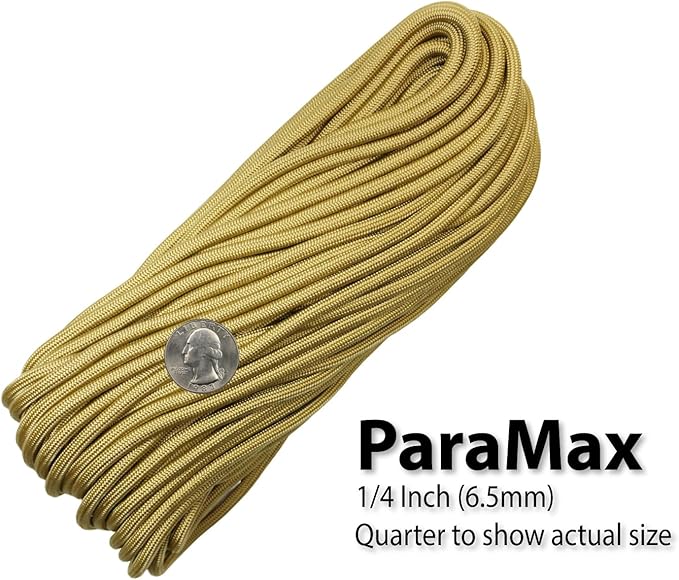 1/4" ParaMax Paracord 100 ft – 1000 lb Type IV Rope for Dog Leashes, Camping, Kayak Anchor - Made in USA - Gold