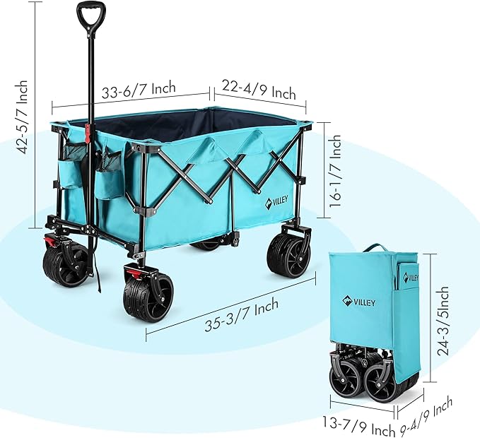 VILLEY Collapsible Folding Wagon with Big Wheels, All Terrain Beach Wagon Cart Heavy Duty Foldable, Enlarged 225lbs Capacity, Portable Utility Garden Cart with 2 Cup Holders and Brake, Blue