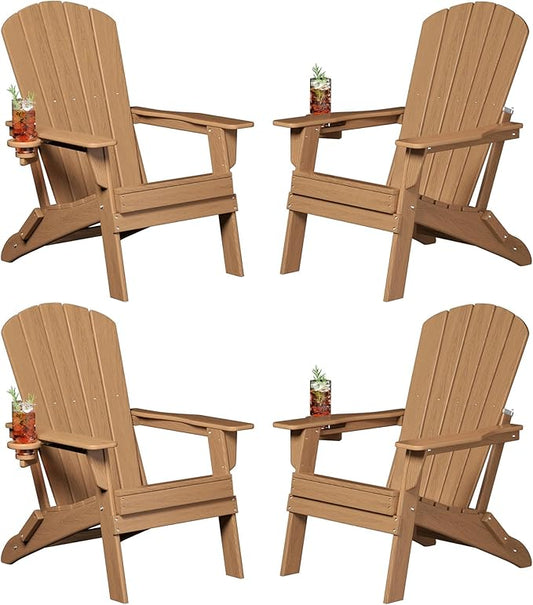 Folding Adirondack Chair, SGS Tested, Wooden Textured with Cup Holder, Heavy All-Weather HDPE Comfortable Set Poolside Backyard Lawn Teak Set 4