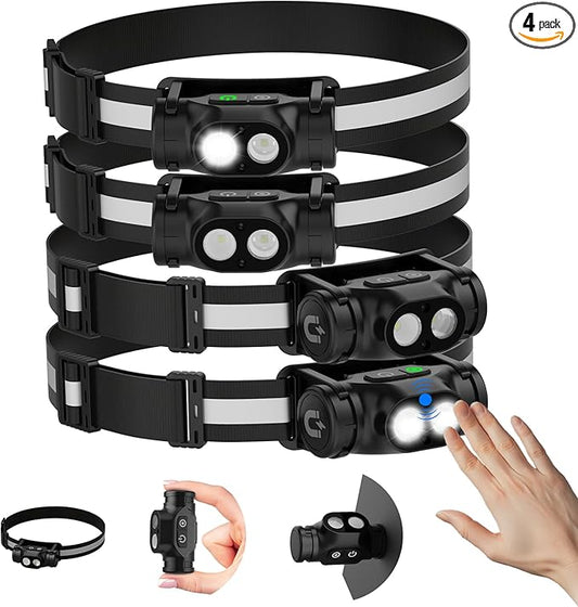 Rechargeable Running Headlamp, 1500 Lumens Bright Head Lamp Led with Motion Sensor, 4 Modes, Magnet, Detachable Flashlight & Headband for Adult, Outdoor, Emergency, Hard Hat Light 4PC