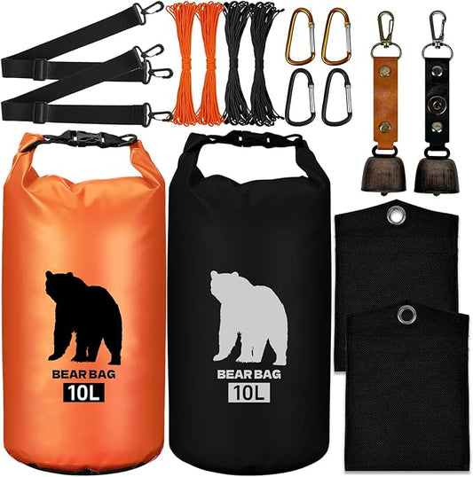 2 Pcs 10L Waterproof Bear Bags with 4 Nylon Ropes, 4 Clips & 2 Rock Pockets & 2 Small Warning Bells for Hanging Food securely. Ultralight Camping Food Bag System.