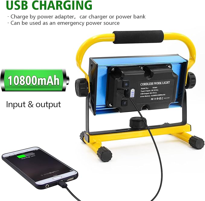 100W COB Rechargeable Work Light, 7000LM Cordless LED Work Lights, Waterproof Portable Flood Light with Stand for Outdoor Camping, Hiking, Garage, Car Repairing, Workshop Job Site Lighting