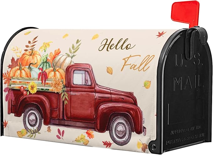 Hello Fall Mailbox Cover Magnetic Autumn Pickup Truck with Pumpkins Letter Box Cover Oversized Size 25.5x21 Inch Happy Harvest Festival Thanksgiving Decorative Post Box Covers for Garden Yard