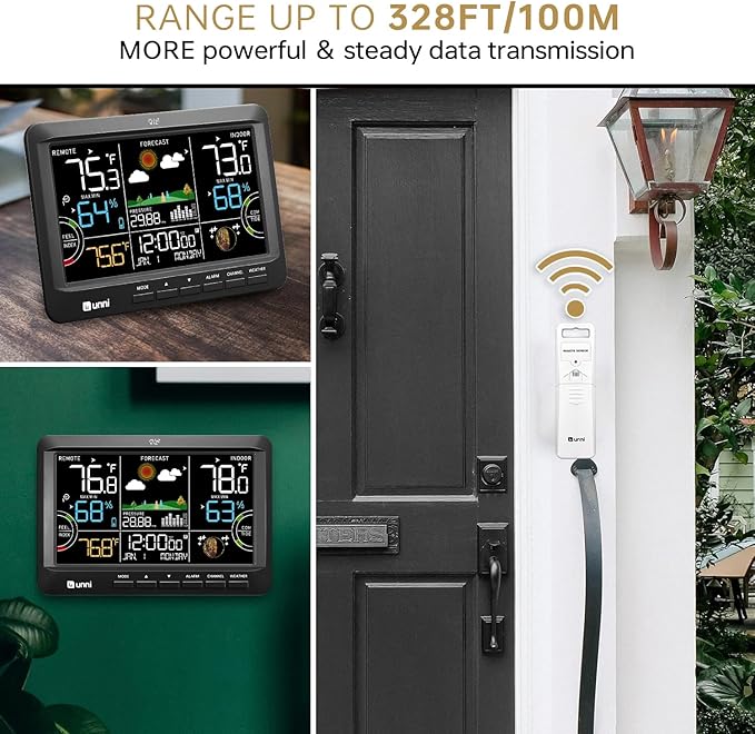 Weather Station Wireless Indoor Outdoor Thermometer with Heat Dew Mold, Thermometer Inside Outside Atomic Clock with Pressure Black