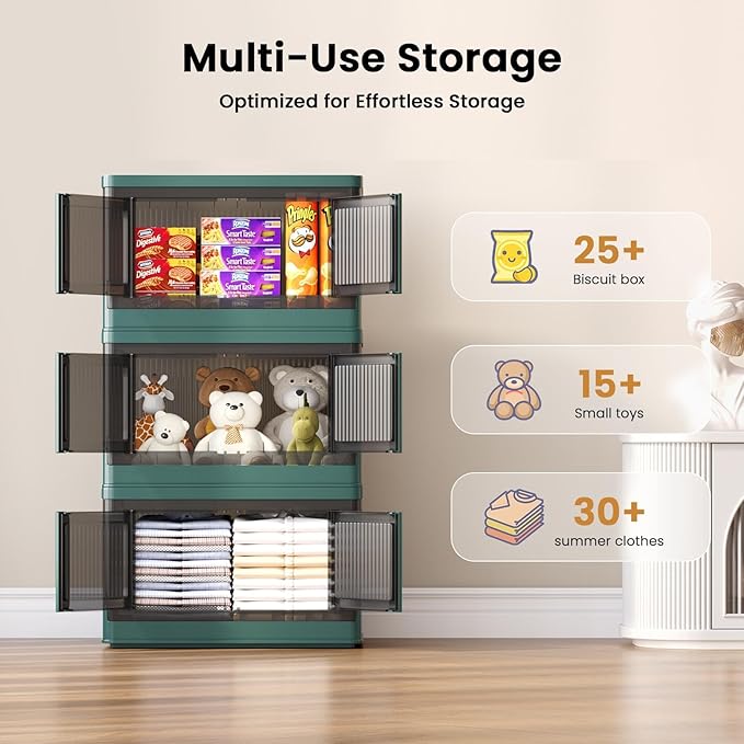 8.4Gal Collapsible Storage Bins with Lids & Wheels - 1 Pack Stackable with Doors, Heavy-Duty Plastic Containers for Home/Office, Green