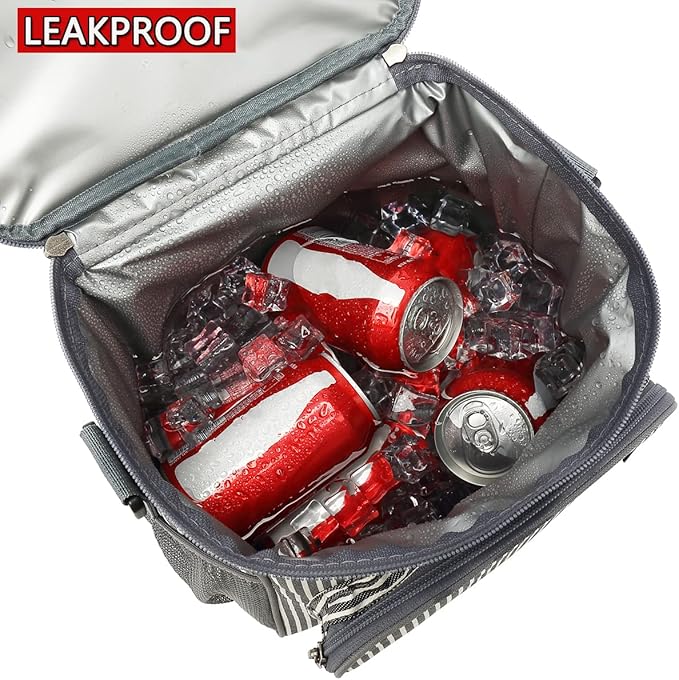 FlowFly Insulated Reusable Lunch Bag Adult Large Lunch Box for Women and Men with Adjustable Shoulder Strap,Front Zipper Pocket and Dual Large Mesh Side Pockets,Stripes