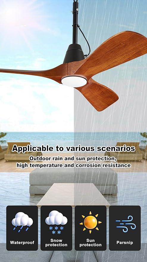 3 Blades Wood Outdoor Ceiling Fan with Light for Patios, Farmhouse Rustic Ceiling Fans with Lights, 42" Plug-in Wet Rated Outdoor Gazebo Fan for Exterior House Porch Patio, Waterproof,F245