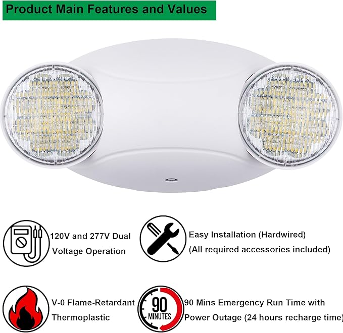 LIT-PaTH LED Emergency Lighting Fixtures with 2 LED Bug Eye Heads and Back Up Batteries- US Standard Exit Light, UL 924 and CEC Qualified, 120/277 Voltage, White, 4-Pack