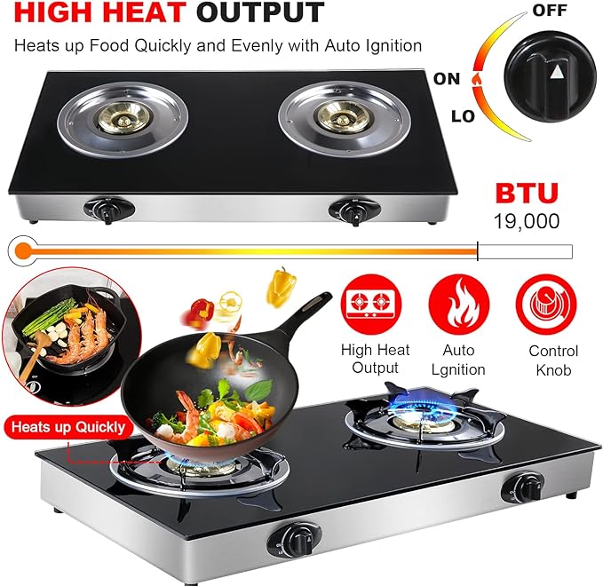 forimo Propane Gas Cooktop 2 Burners Gas Stove portable gas stove Tempered Glass Double Burners Stove Auto Ignition Camping Double Burner LPG for RV,Apartments,Outdoor