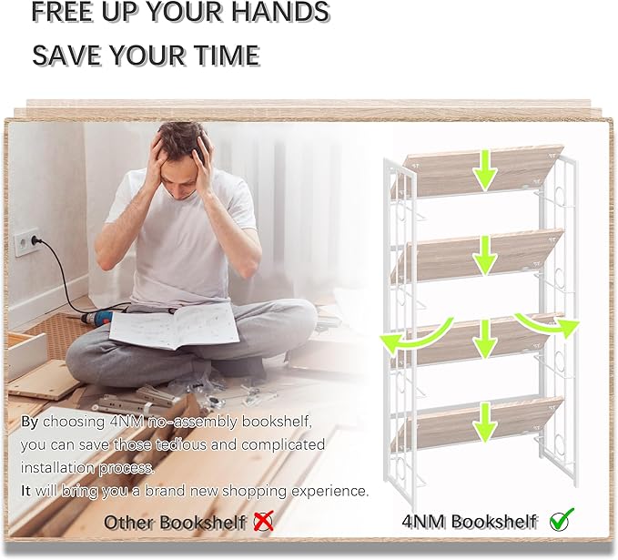4NM No Assembly 4 Tiers Folding Bookshelf, 47.2" H Foldable Storage Shelves Vintage Bookcase Standing Racks Study Organizer Home Office - Natural White
