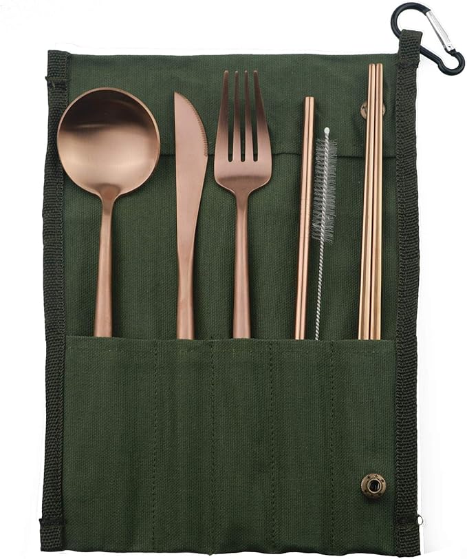 Portable 6 Pieces Flatware Set, 304 Stainless Steel Knife, Fork, Spoon, Chopsticks, Metal Straw, Cleaning Brush, Durable Travel Cutlery Set, Army Green Pouch Bag, Rose Gold