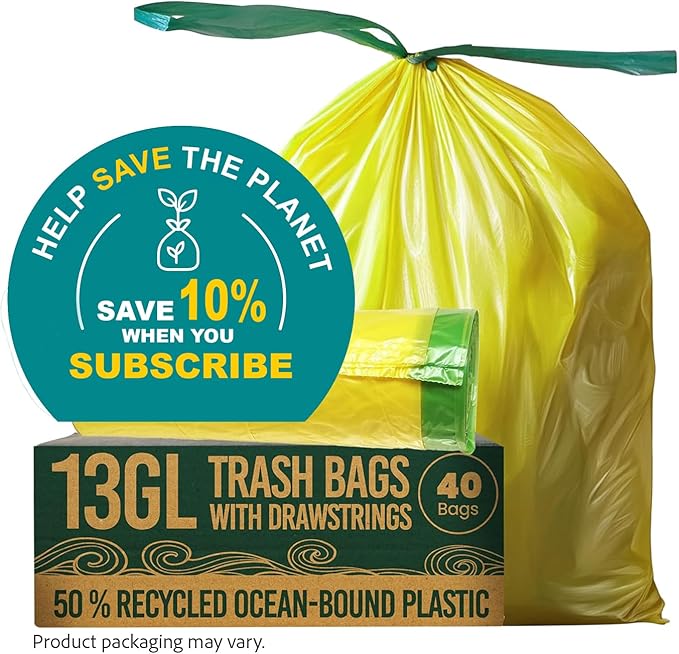 13 Gallon Trash Bags with Drawstrings, 40 Bags Made from 50% Recycled Plastic, Code K Leakproof and Tear-Resistant, Tall Kitchen Garbage Bags for Home and Office