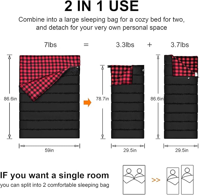 AGEMORE Cotton Flannel Double Sleeping Bag for Camping, Backpacking Or Hiking. Queen Size 2 Person Waterproof Sleeping Bag for Adults Or Teens. Lightweight with Compression Sack