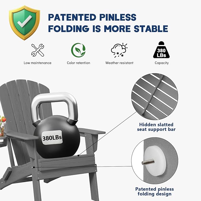 Folding Adirondack Chair, SGS Tested, Wooden Textured with Cup Holder, Heavy All-Weather HDPE Comfortable Set Poolside Backyard Lawn Grey Set 4
