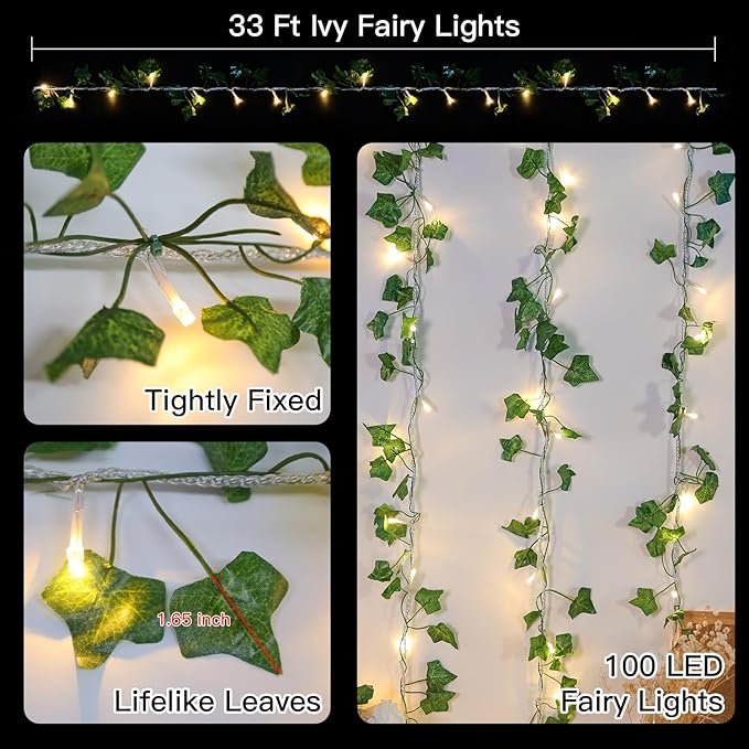 suddus Vine with Fairy Lights Plug in, 33ft 100 LED Ivy String Lights Connectable with Remote, Leaf Light for Bedroom, Room, Wall, Garden, Party, Wedding Decor (Warm White)