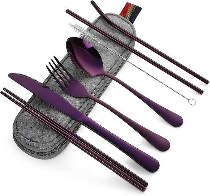 DEVICO Portable Utensils, Travel Camping Cutlery Set, 8-Piece including Knife Fork Spoon Chopsticks Cleaning Brush Straws Portable Case, Stainless Steel Flatware set (Purple)