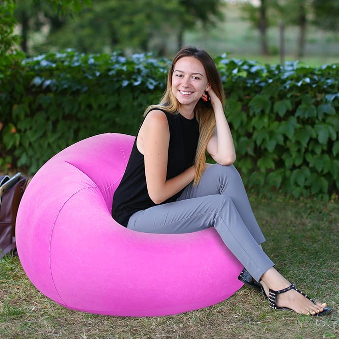 Realspring Inflatable Bean Bag Chairs Outdoor Blow up Camping Chairs Inflatable Lazy Sofa Folding Portable Bean Bag Loungers Couch for Movie Night(Pink,2 Pcs)