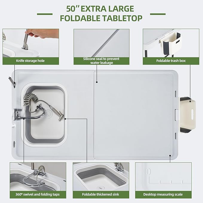 AHB 50" Folding Outdoor Fish Cleaning Table with Sink, Camping Kitchen Station Collapsible Faucet & Stainless Sprayer with 4pcs Fish Cleaning Kit for Camping, Picnic, Beach & Patio