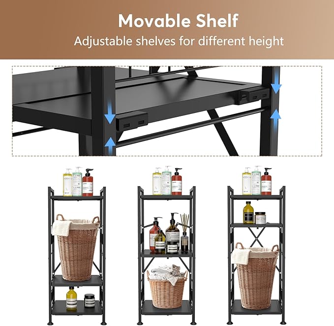 Himix 3-Tier Bathroom Shelves Expandable Narrow Shelf Metal Shelving Unit Storage Rack Open Floor Corner Shelf for Bathroom, Kitchen, Laundry, Office, Bedroom Organization (Black)