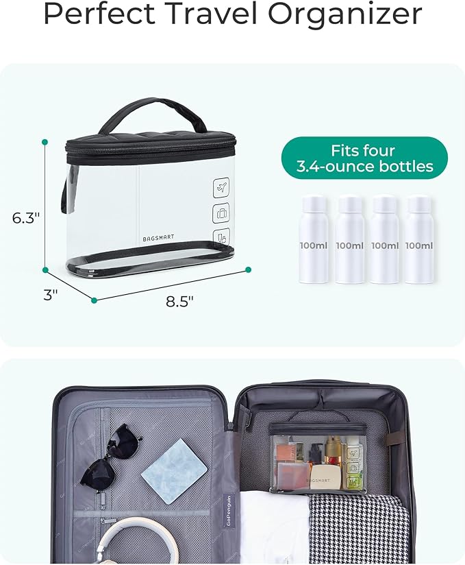 BAGSMART TSA Approved Toiletry Bag, Clear Makeup Cosmetic Bag Organizer, Quart Size Travel Bag for Toiletries, Carry-on Travel Accessories Essentials, 1 Pack-Pink