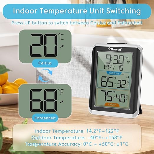 Geevon Wireless Indoor/Outdoor Thermometer & Hygrometer, Digital Temperature & Humidity Sensor with Time, Clock, 200ft/60m Range, 3.8‘’ Large Display