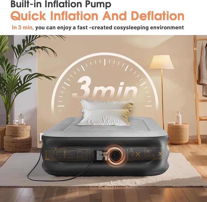 Twin Air Mattress with Built in Pump,Inflatable Mattress 2 Mins Self-Inflation/Deflation,Thicker Blow up Mattress Leak-Proof,Flocked Top Air Bed with Storage Bag for Home, Camping & Guests