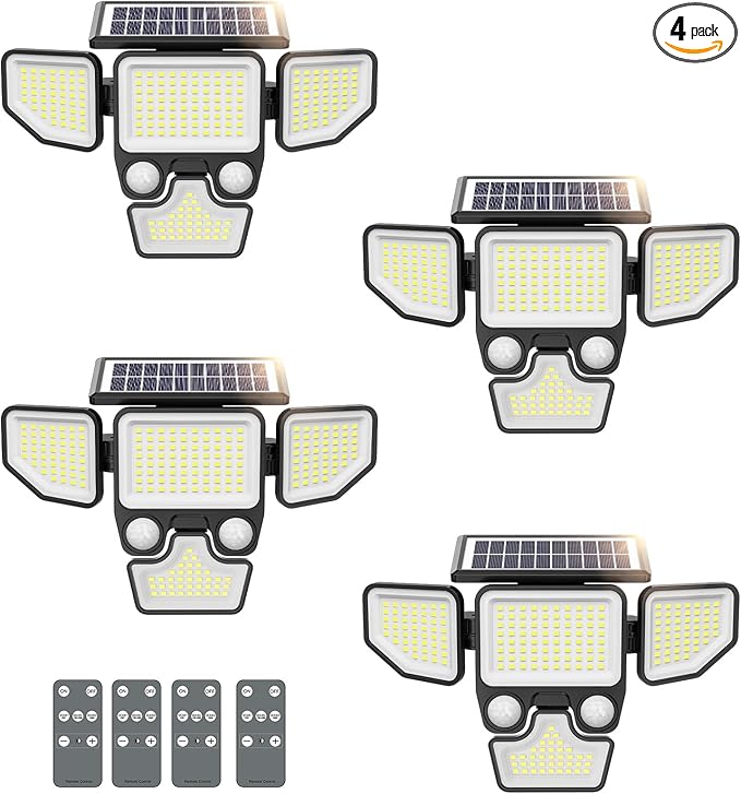 3000LM Solar Lights Outdoor, 4 Heads Solar Security Lights with Remote Control, 180 LEDs IP65 Waterproof Motion Sensor Lights 3 Modes Flood Lights for Wall, Porch, Yard, Outside, 4 Pack