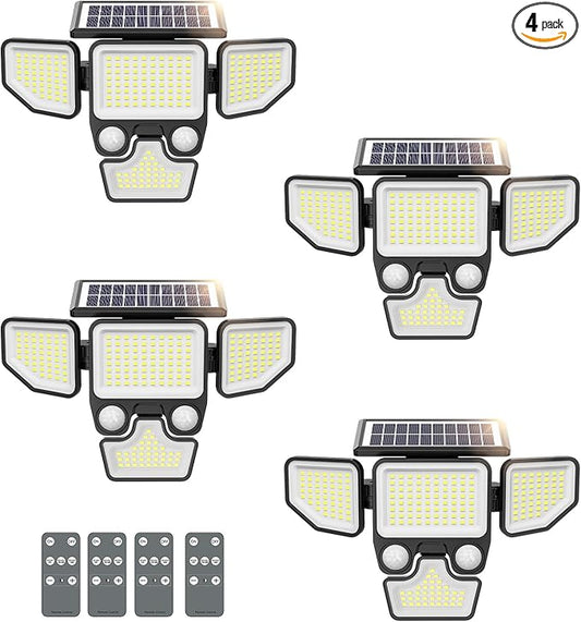 3000LM Solar Lights Outdoor, 4 Heads Solar Security Lights with Remote Control, 180 LEDs IP65 Waterproof Motion Sensor Lights 3 Modes Flood Lights for Wall, Porch, Yard, Outside, 4 Pack