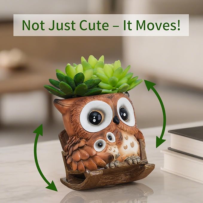 Unique Owl Plant Pots Indoor, Cute Small Succulent Pots with Drainage Hole, Rocking Chair Planters for Outdoor Indoor Plants, Resin Flower Pot for String of Pearls, Gift Ideas for Mother