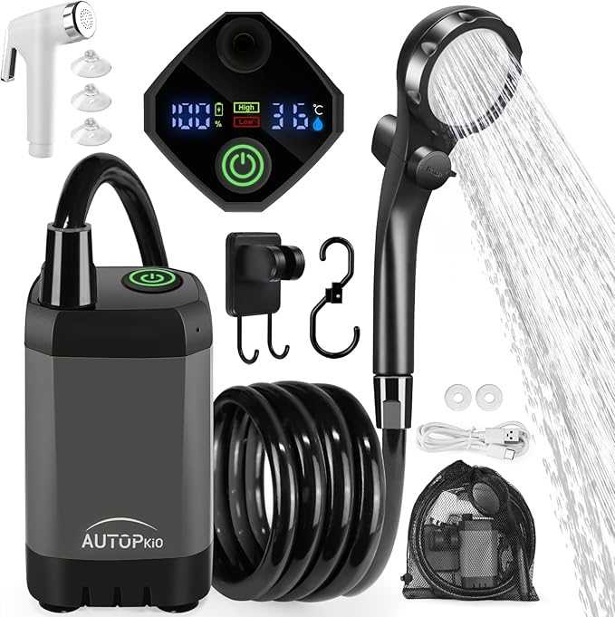AUTOPkio Portable Camping Shower, Rechargeable Camp Shower Pump with USB Cable & Electric Outdoor Shower Head Sprayer for Camping, Hiking, Pet Bathing, Washing