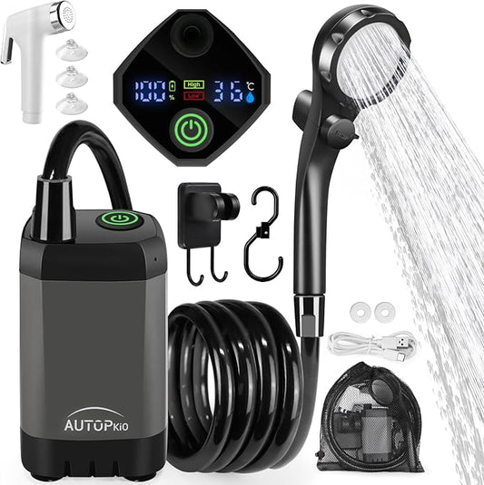 AUTOPkio Portable Camping Shower, Rechargeable Camp Shower Pump with USB Cable & Electric Outdoor Shower Head Sprayer for Camping, Hiking, Pet Bathing, Washing