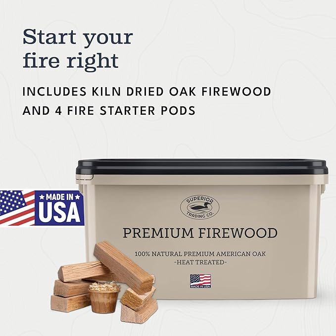 Superior Trading Oak Mini Fire Wood w/Fire Starter Pods, Winter Fireplace Starter, Wood Stove, USDA Cert 4-5??Kiln Dried Firewood, USA Made, 10-11 lbs in Plastic Storage Box