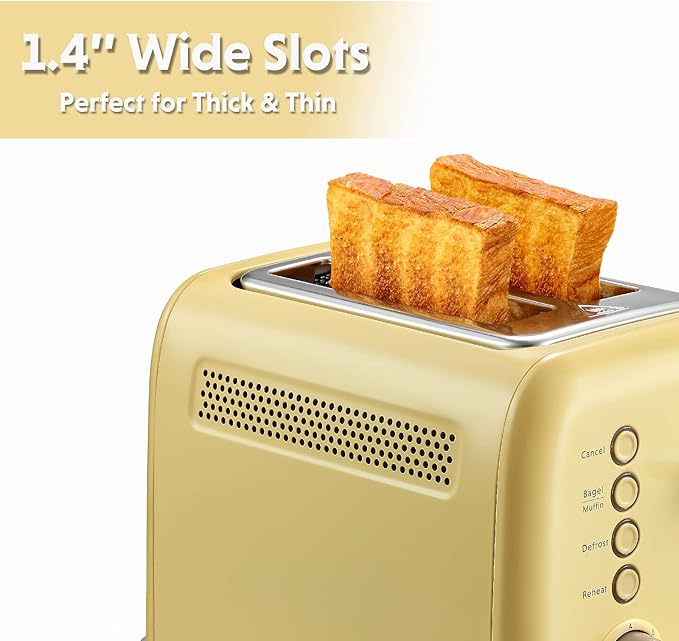 BUYDEEM DT620 2-Slice Toaster, Extra Wide Slots, Retro Stainless Steel with High Lift Lever, Bagel and Muffin Function, Removal Crumb Tray, 7-Shade Settings,Mellow Yellow