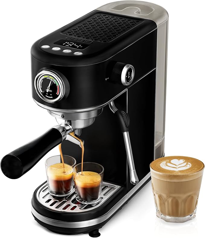 HIBREW H10B - 51mm Espresso Machine - Temperature & Cup Volume Adjustable at will - With Intelligent Display Screen & Pressure Gauge - Stainless Steel Body (Black)