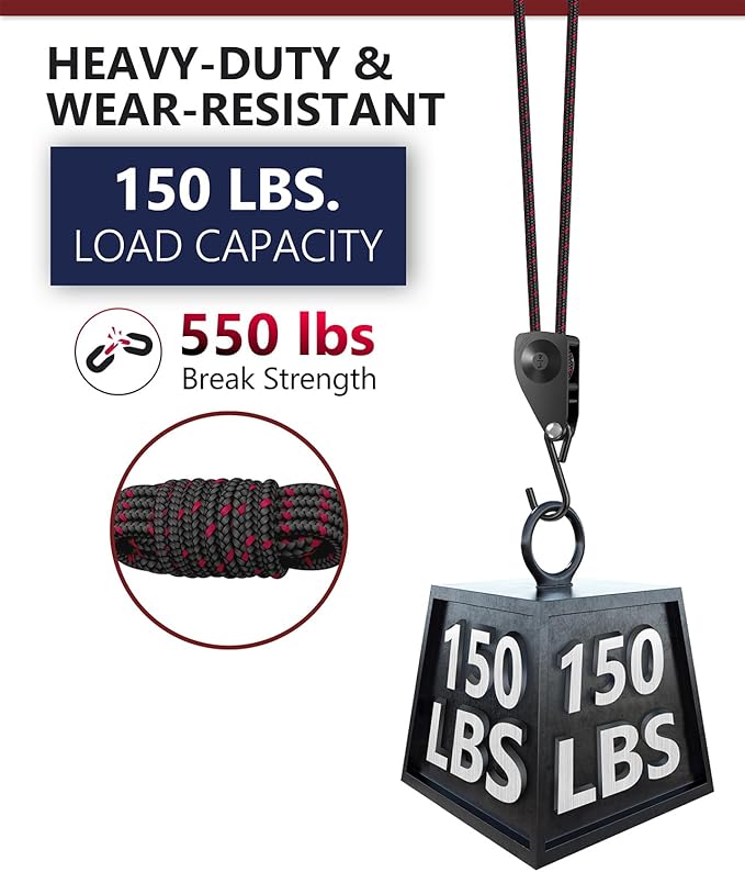 VIPARSPECTRA Ratchet Tie Down Straps, 1/4" Adjustable Rope Hangers [8 Pack, 12FT, 150 lbs/Pack], Heavy Duty Kayak Pulley System with Hooks for Garage Cargo Trucks Tents Grow Lights Various Lashing