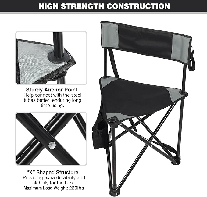 REDCAMP 2 Pack Tripod Camping Chairs Folding Lightweight, Portable 3 Legged Tripod Stool Seat with Backrest, Small Golf Chair Compact for Adults Fishing Hunting, Black