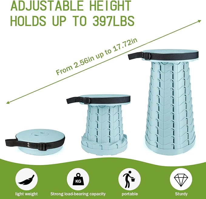 Deer's Life Portable Collapsible Stool with Cushion Pad, Retractable Folding Telescopic Camping Seat for Adults, Small Lightweight Sturdy Adjustable Stools for Travel,Kitchen,Garden,Fishing