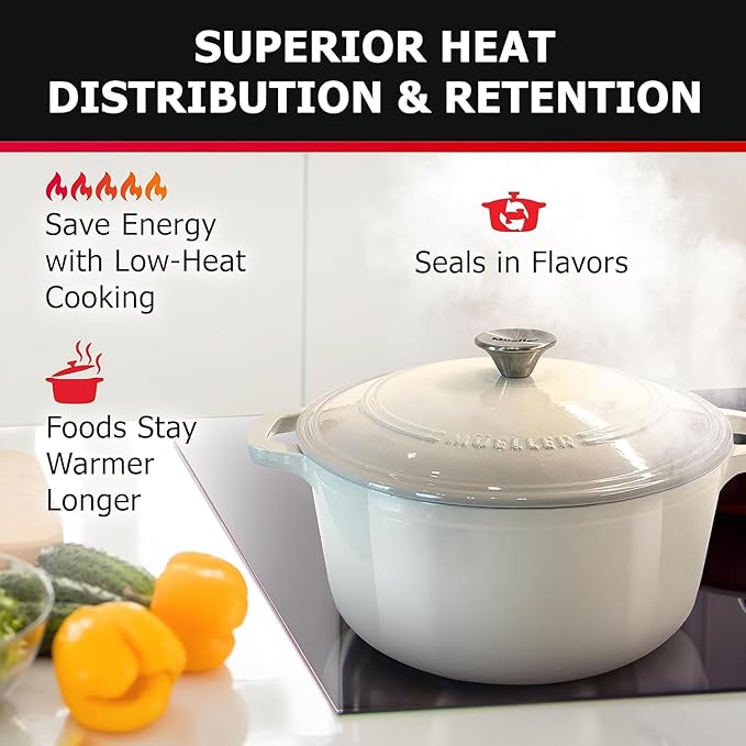 MÜELLERHOME 7.5 QT Enameled Cast Iron Dutch Oven, Heavy-Duty Casserole Dish and Braiser Pan with Lid and Stainless Knob, Oven-Safe up to 500° F & Across All Cooktops, Oyster White