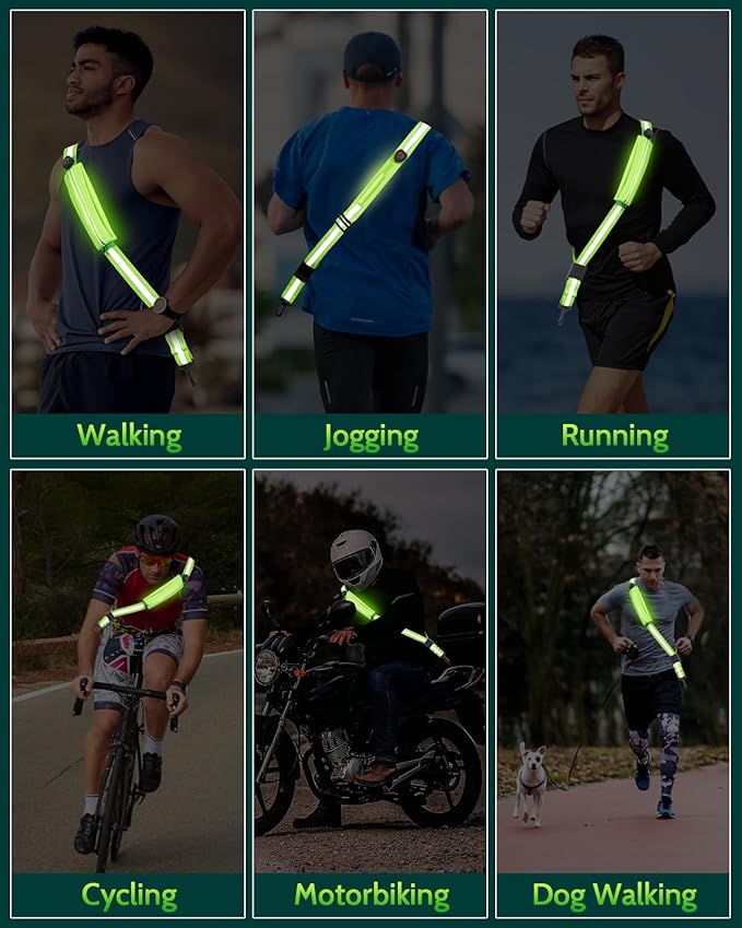 LED Reflective Belt Sash - 5 Lights Colors & 3 Light Modes High Visibility Night Safety Belt, Rechargeable Light Up Running Gear Adjustable Vest Straps for Runners Walkers Men Women