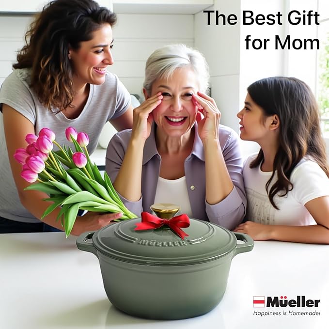 MÜELLERHOME 7.5 Quart Enameled Cast Iron Dutch Oven For Sourdough Bread Baking, Heavy-Duty, Oven-Safe up to 500° F & Across All Cooktops, Casserole Dishes, Green Kitchen Accessories, Thyme Green