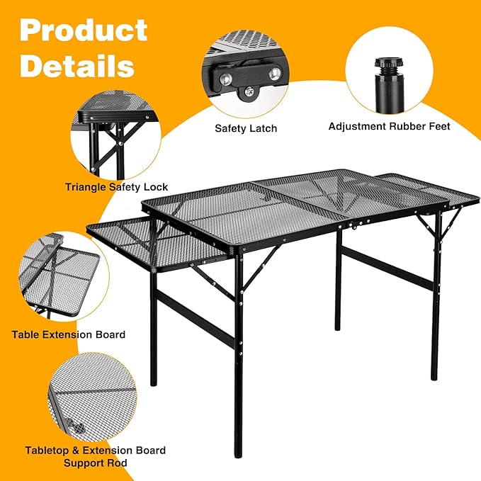 Grill Table Folding Table with 2 Wing Panels 3FT+1.4 FT with with 1×2/5 L Storage Bag Mesh Desktop 2 Height Adjustable Portable Grill for Outdoor Indoor Beach BBQ Picnic Travel RV Black
