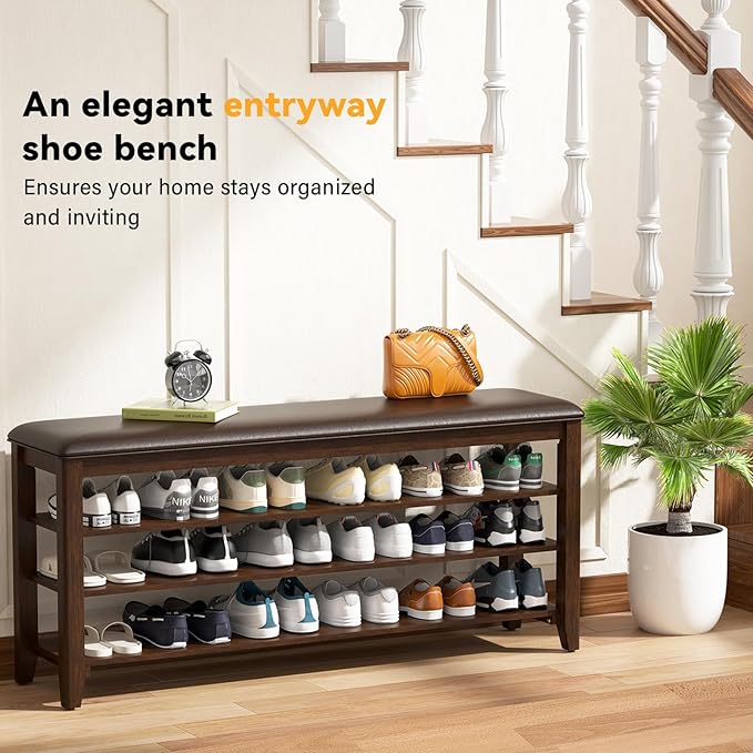Shoe Rack Bench Entryway Storage with Leather Cushion, Shoe Organizer Bench for Entryway, Ideal for Front Doors Entrances Hallway Mudroom Featuring Rubberwood And 3 Height-Adjustable Removable Shelve
