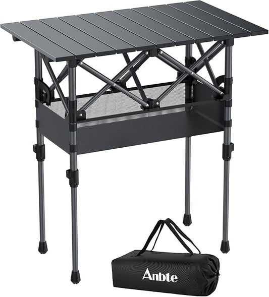 Folding Camping Table, Aluminum Roll Up Camping Table Adjustable Height with Storage Net and Bag, Lightweight Outdoor Table 25” X 16”, for Outdoor Travel BBQ Party Picnic, Black