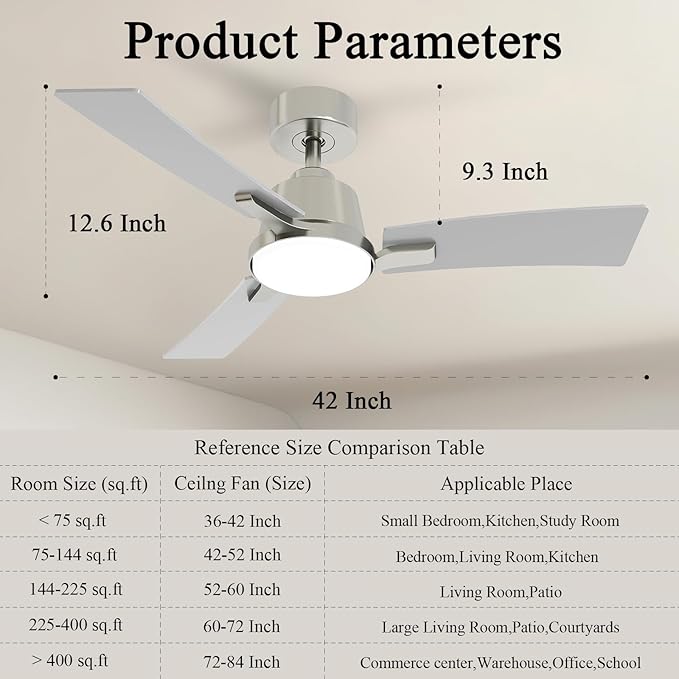 42 Inch Ceiling Fans with Lights,Low Profile Ceiling Fan,Modern Flush Mount,Reversible 6 Speeds,3CCT Dimmable Noiseless Ceiling Fans for Living Room,Bedroom and Patio,ETL Listed