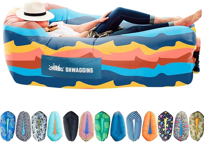 Chillbo Shwaggins Inflatable Couch – No-Pump Setup, Ripstop Polyester, Stability Pegs, Fun Prints, Portable Air Lounger for Beach, Camping, Festivals, and Tailgating - Desert Daydream