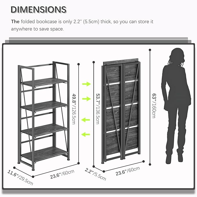 4NM No-Assembly Folding Bookshelf Storage Shelves 4 Tiers Vintage Bookcase Standing Racks Study Organizer Home Office (All Black)