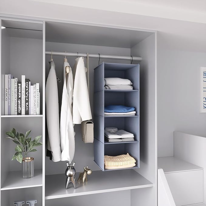 Hanging Closet Organizer, Easy Mount Foldable 4-Shelf Hanging Closet Wardrobe Storage Shelves, Clothes Handbag Shoes Accessories Storage, Washable Oxford Cloth Fabric, Gray