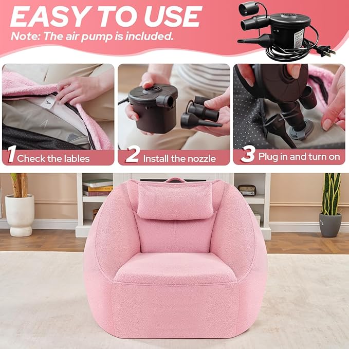 HABUTWAY Inflatable Bean Bag Chairs for Adult Blow up Chair Portable Inflatable Bean Bag Couch w/Electric Air Pump,Handle & Side Pocket for Movie Night Reading Gaming Living Room - Light Pink