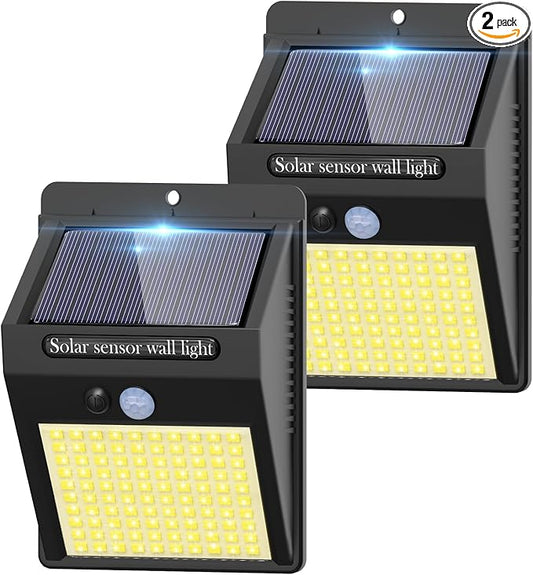 2-Pack Outdoor Solar Motion Lights - 3 Modes/100 LED Wireless, IP65 Waterproof for Front Door, Backyard, Garage & Deck (Warm White)